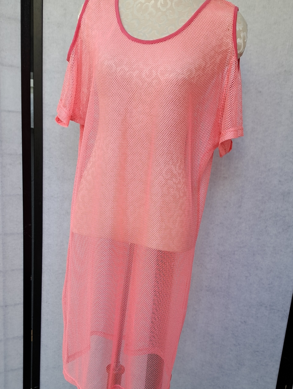 Sheer Coral Pink Mesh Swim Cover-Up Dress - Lightweight Beach Tunic